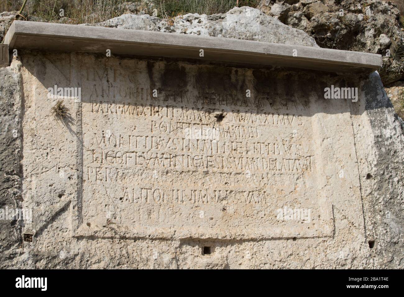 Roman inscription. Commemorative stelae of Nahr el-Kalb, Lebanon. Nahr al-Kalb is the ancient Lycus River. Lebanon - June, 2019 Stock Photo