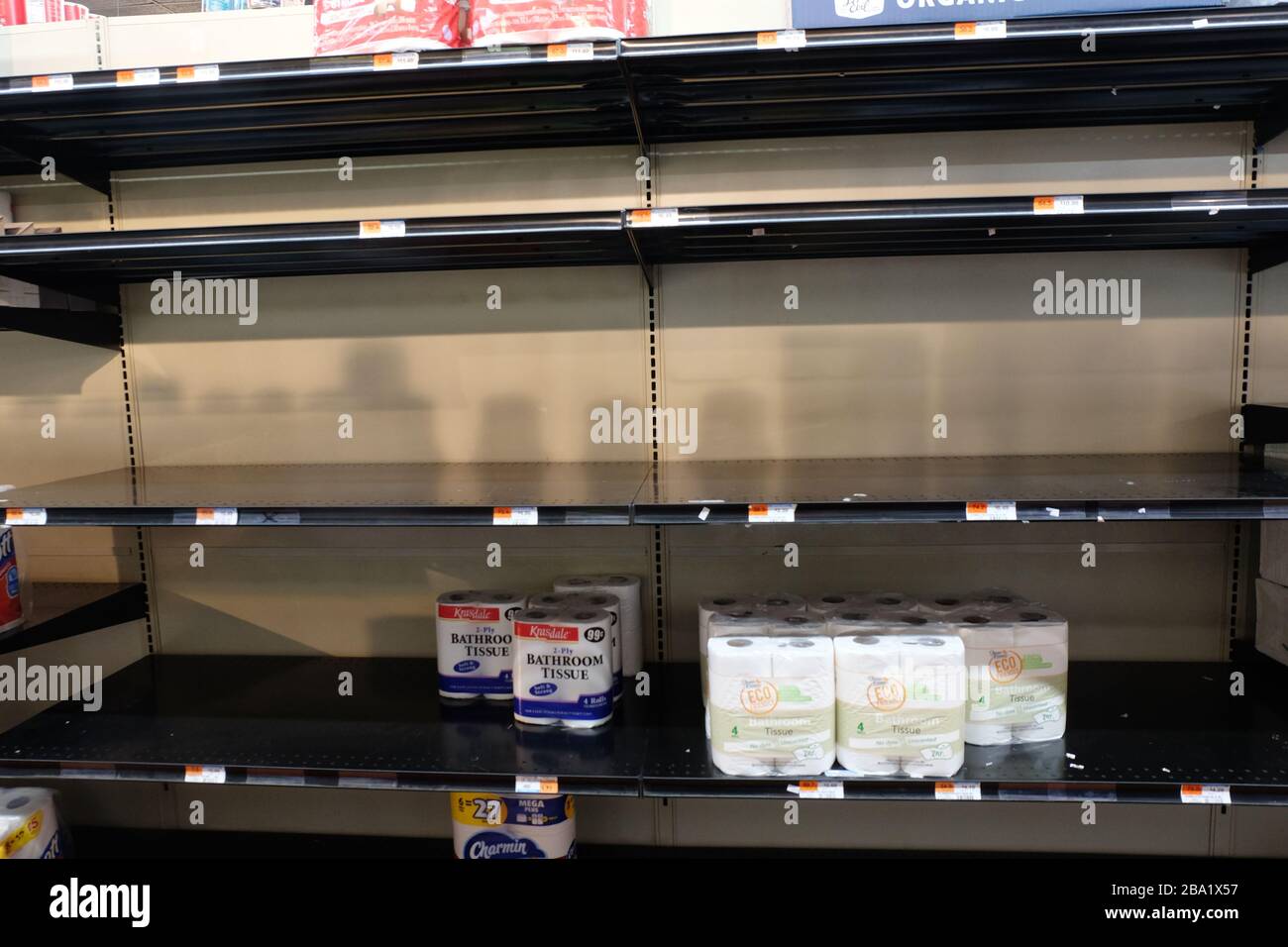 empty toilet paper shelves in greenpoint,brooklyn grocery store Stock