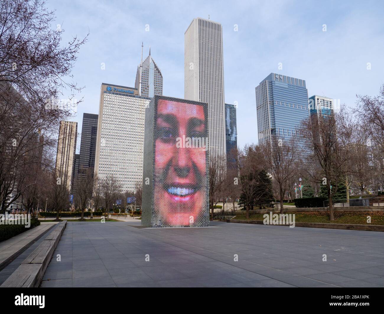 Chicago, Illinois, USA. 24th March 2020. Crown Fountain in Millennium Park, which usually attracts many people is empty today do to the stay at home order in effect. Stock Photo