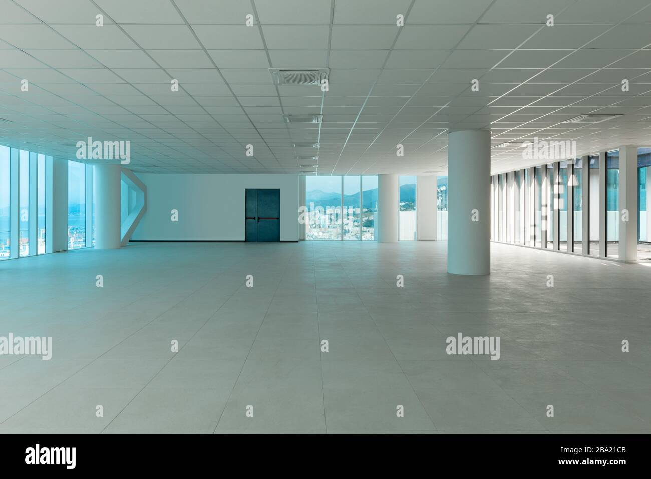 Building, wide open space, skyscraper, windows overlooking the sea Stock Photo