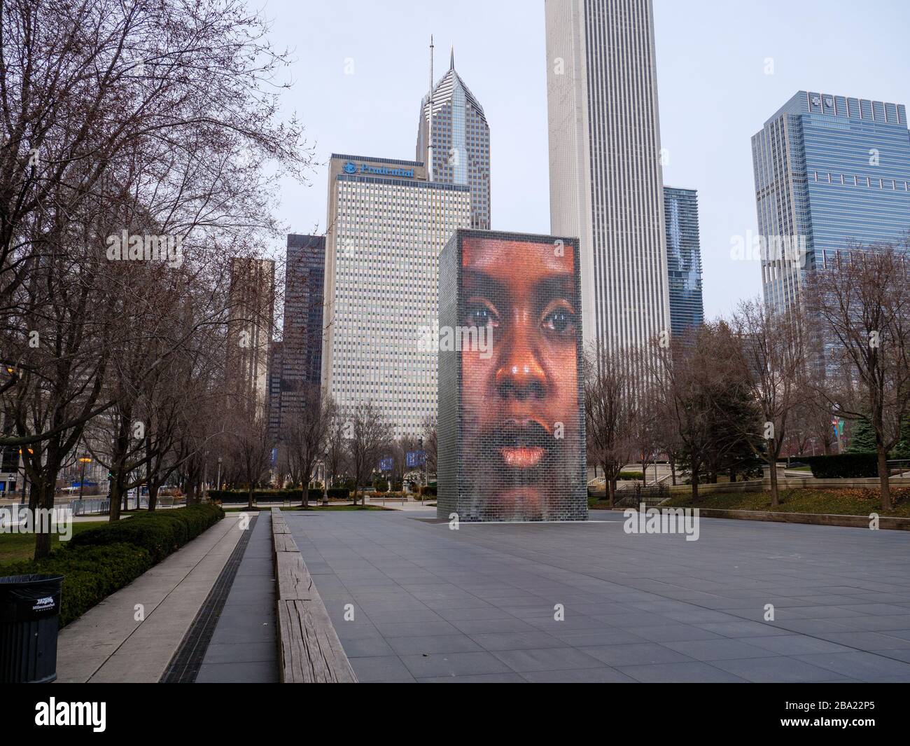 Chicago, Illinois, USA. 24th March 2020. An empty Crown Fountain in Millennium Park during the COVID-19 pandemic. Stock Photo