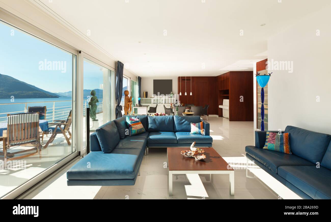 Architecture, Interior, modern apartment, wide living room Stock Photo ... - Modern Apartment Interior Design With Metropolitan Wide