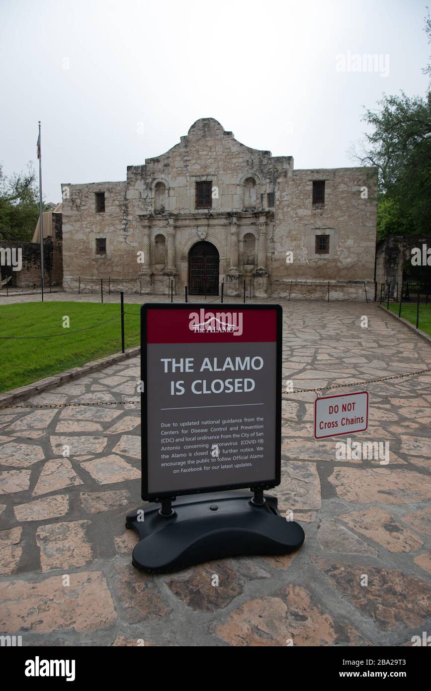 SAN ANTONIO--As a result of the Coronavirus Covid 19 the Unesco World Heritage site, The Alamo in downtown San Antonio, Tx., has been closed the 25 Mar, 2020,. The city of San Antonio has enacted a shelter-in-place order and as a result, the tourism and hospitality industry in the city have shuttered. Stock Photo