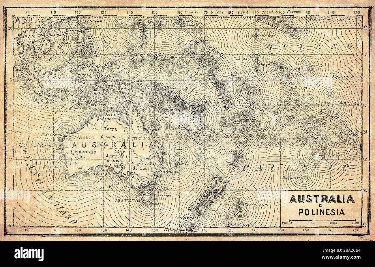 Ancient map of Australia, Polynesia and New Zealand with Italian names and descriptions Stock Photo