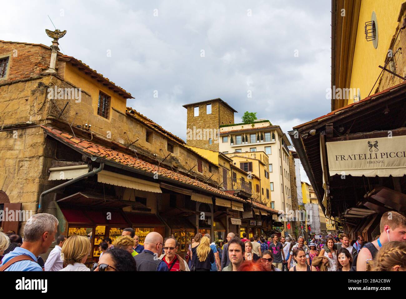 Crowded Ponte Vecchio- medieval stone closed-spandrel segmental arch