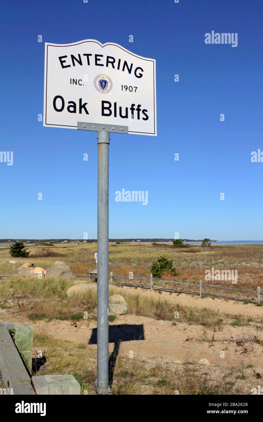 Entering Oak Bluffs sign, Martha’s Vineyard, Massachusetts, USA Stock Photo