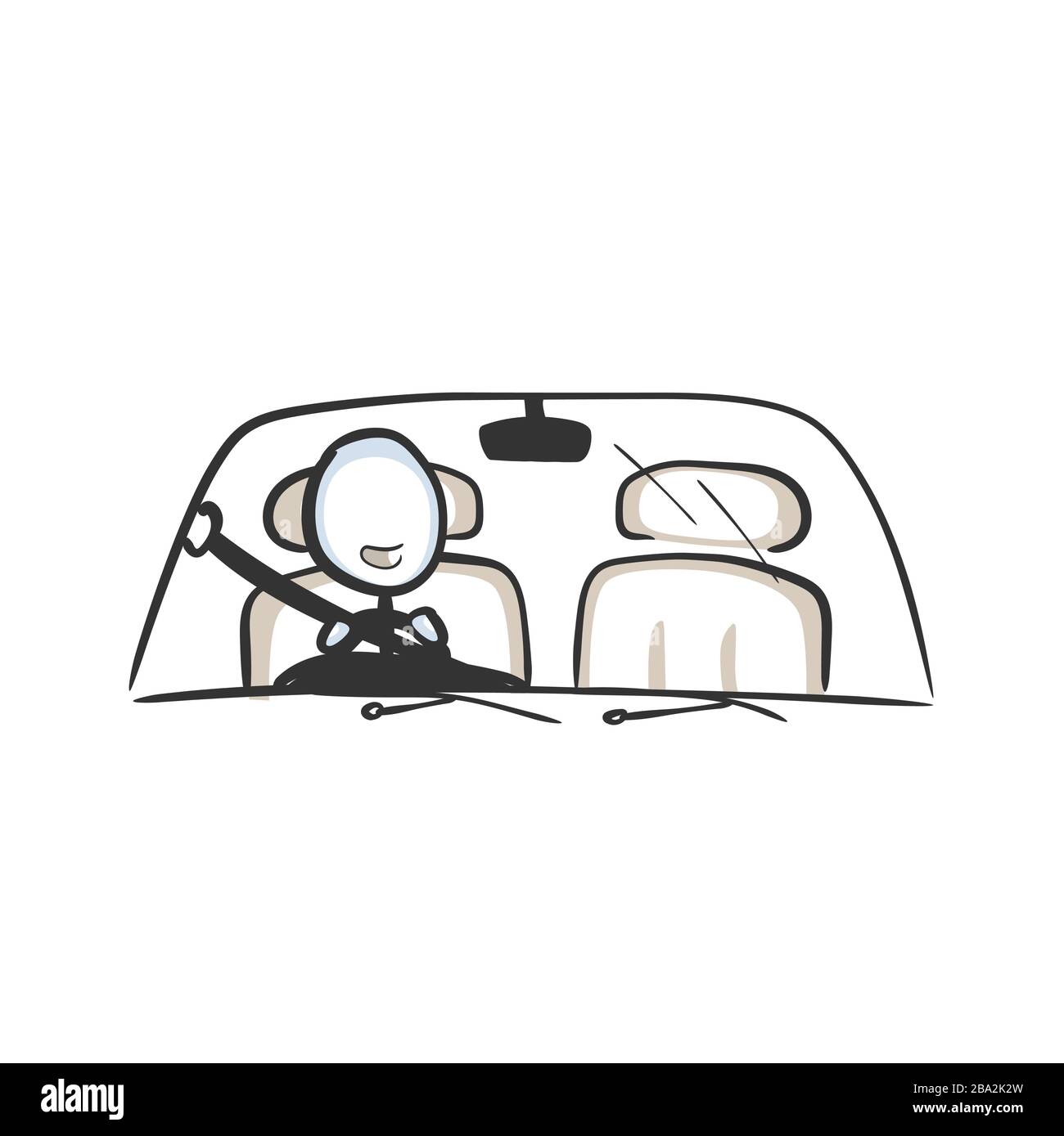 Man in car. Driving a vehicle. Safety belt fastened. Hand drawn. Stickman cartoon. Doodle sketch, Vector graphic illustration Stock Vector
