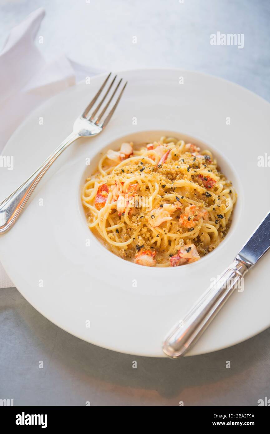 spaghetti with lobster, lobster bisque and nori breadcrumbs, Somerset Restaurant, Santa Barbara, California Stock Photo