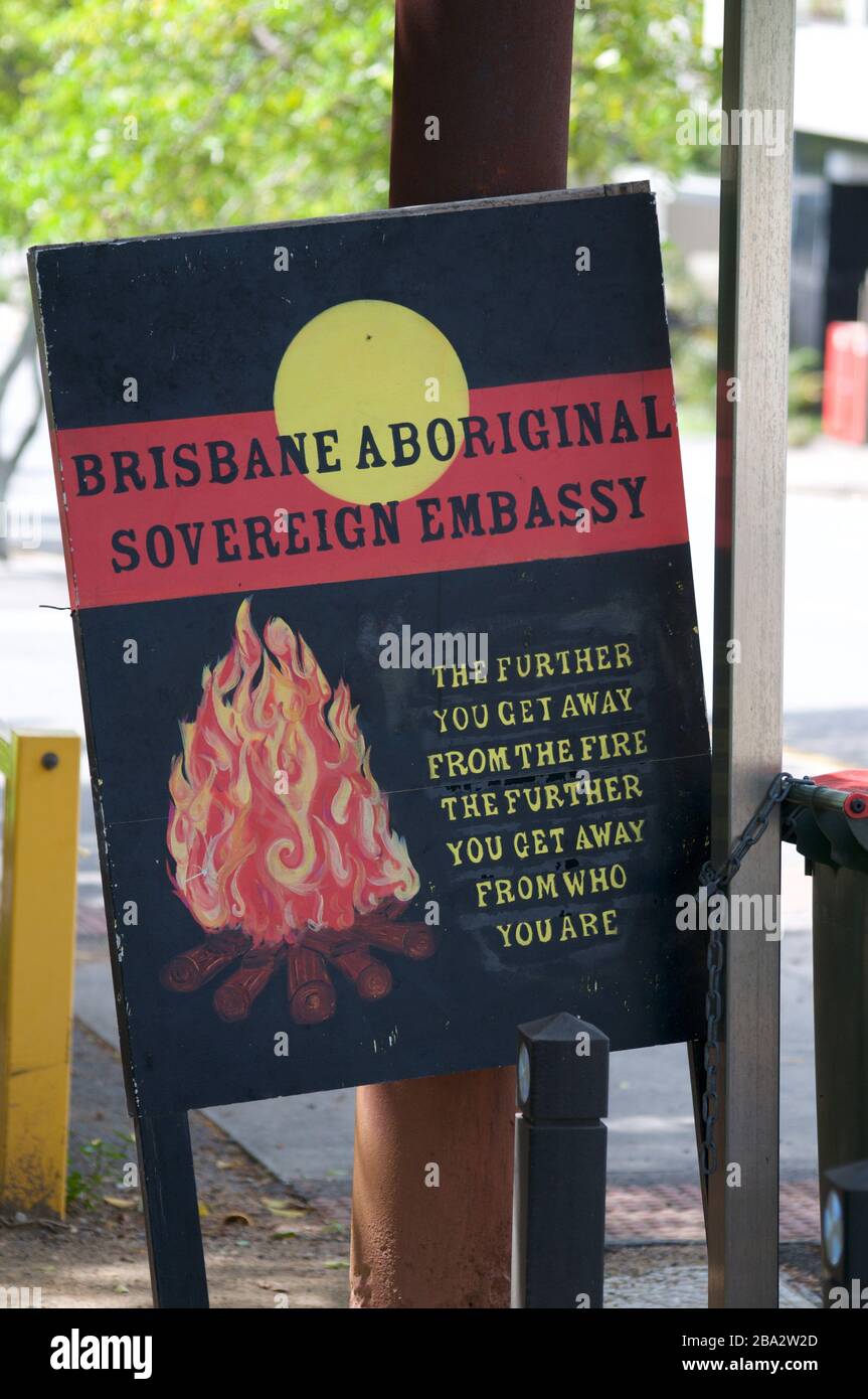 Sign of the Brisbane Aboriginal sovereign embassy located at the Musgrave Park in Brisbane Stock Photo