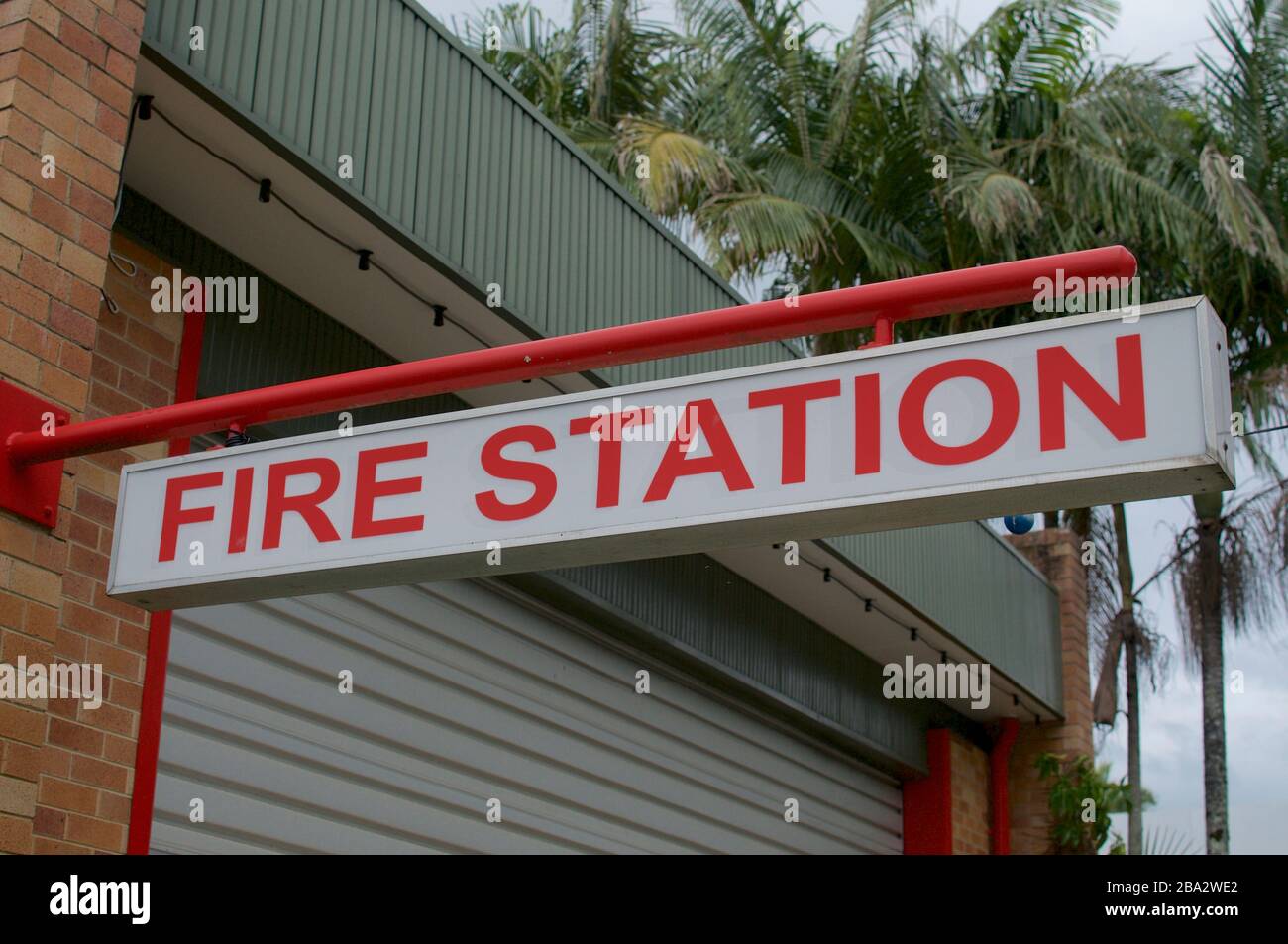 View of an Fire Station sign hanging in front of the statin in Bangalow, NSW, Australia Stock Photo