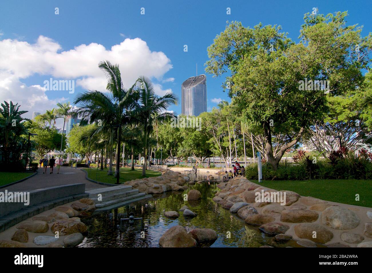 Brisbane, Queensland, Australia - 28th January 2020 : View of 1 William Street Tower building seen from South Bank parkland on a sunny day with some t Stock Photo