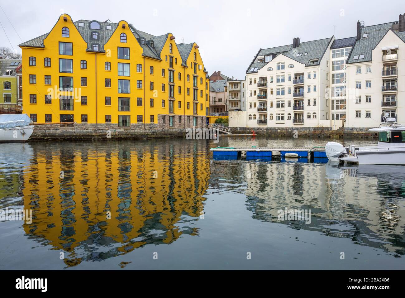 Art nouveau houses in the wonderful town Alesund at the Norwegian Sea Stock Photo