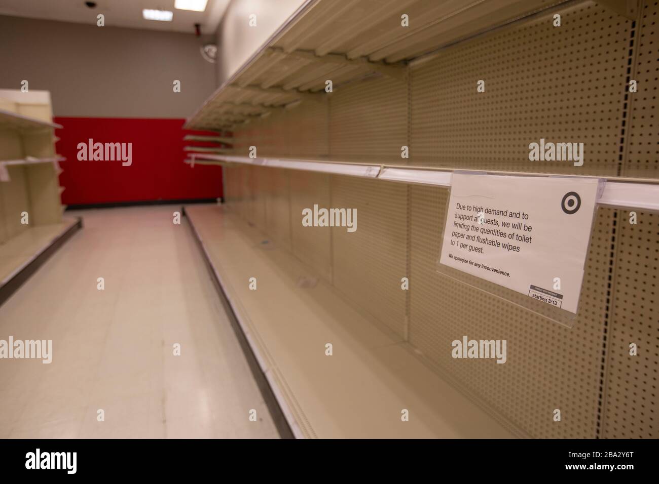 View of empty shelves due to hoarding and broken supply chains during