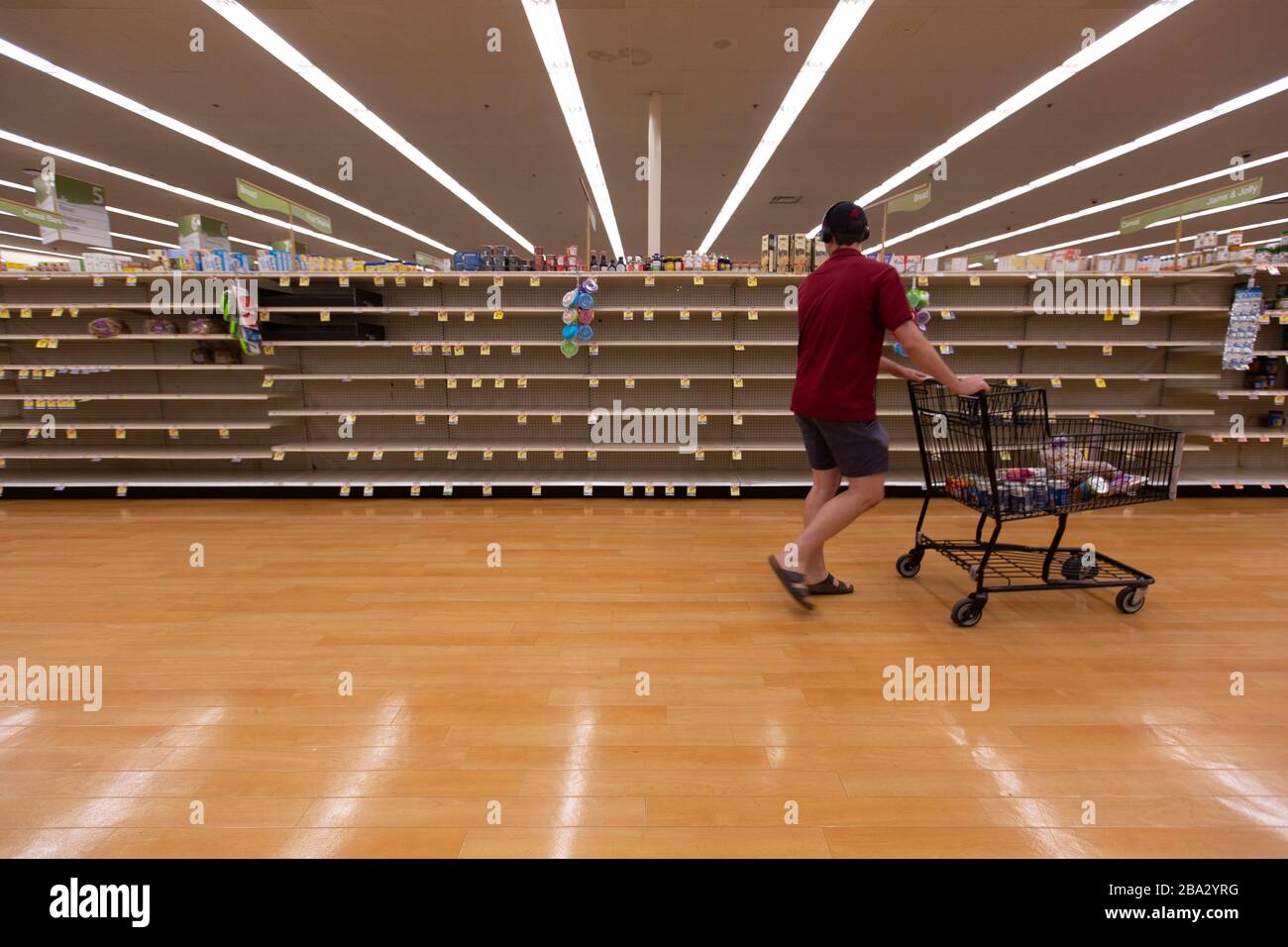 View of empty shelves due to hoarding and broken supply chains during