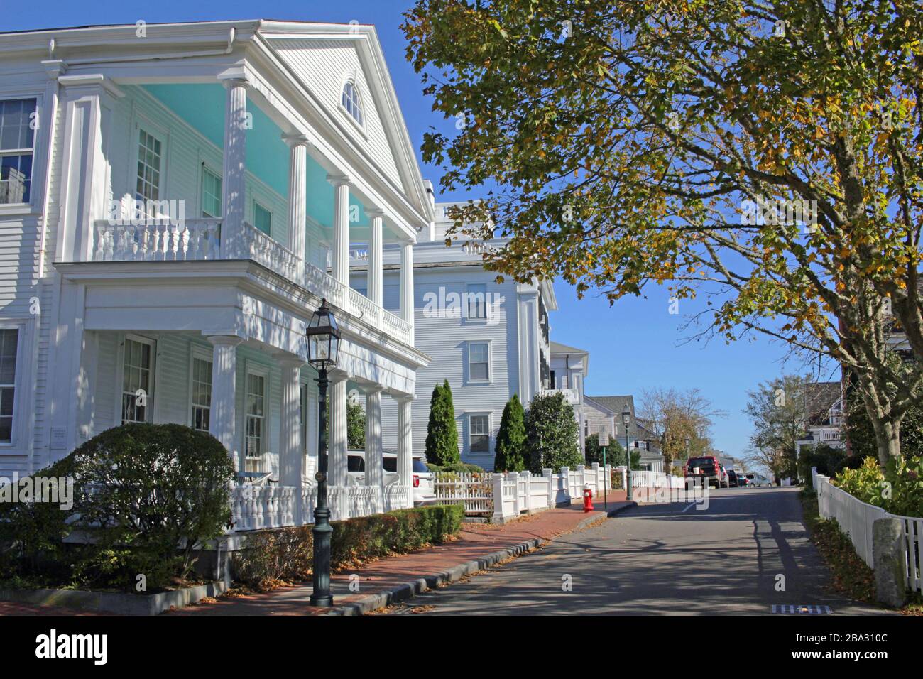 Captain Morse House in foreground, and homes along N Water St, Edgartown, Martha’s Vineyard, Massachusetts, USA Stock Photo