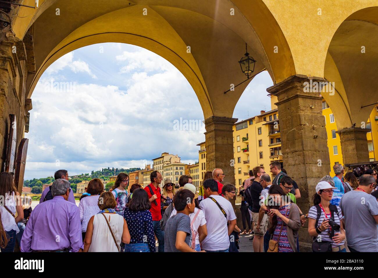 Crowded Ponte Vecchio- medieval stone closed-spandrel segmental arch