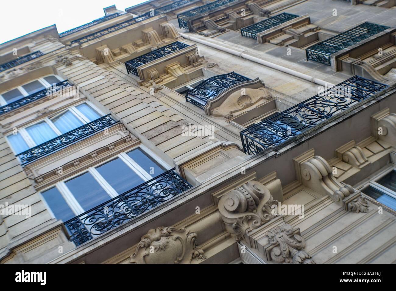 Paris Street Angled Up view of French windows from Paris Street Stock Photo