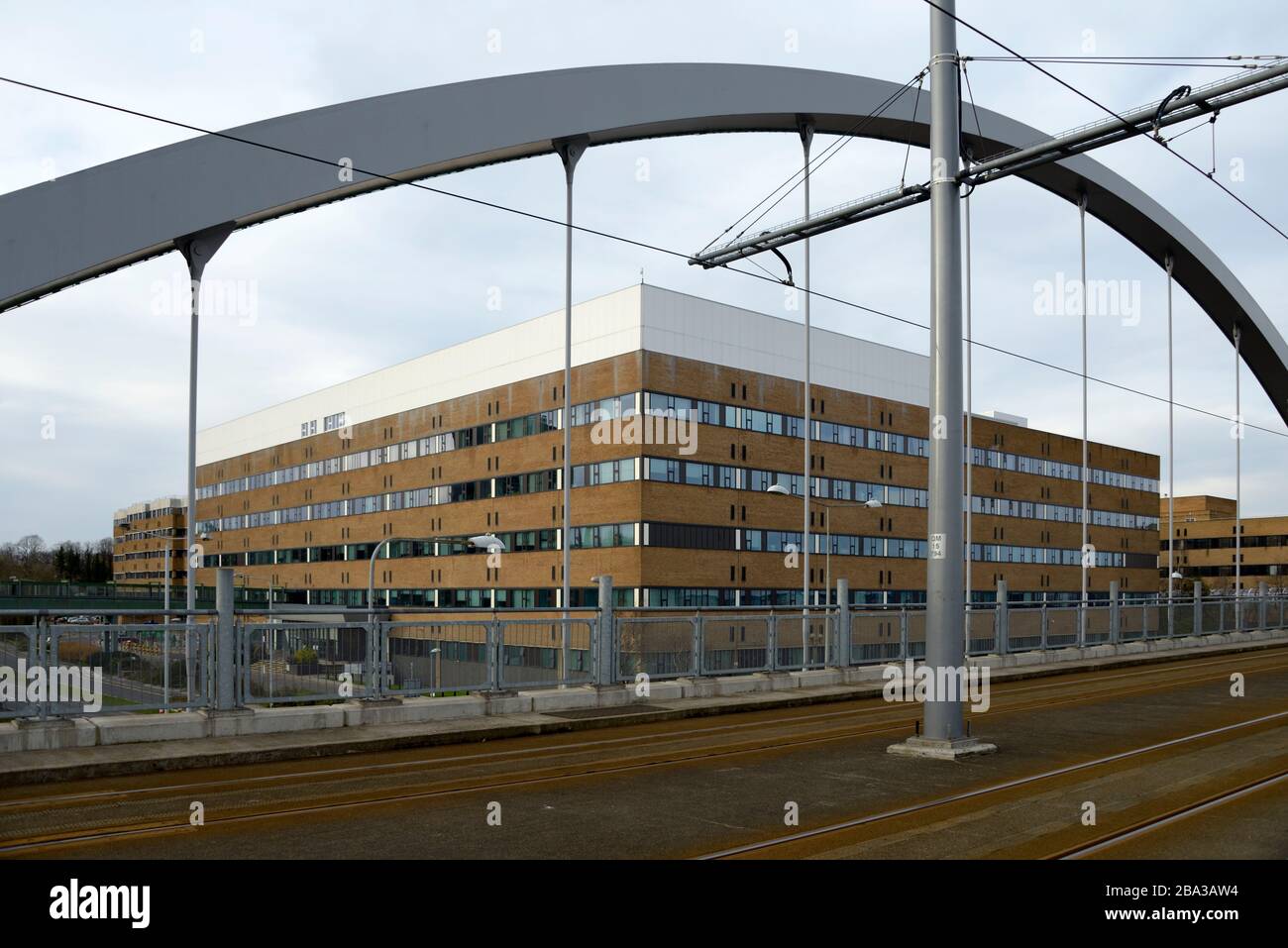 QMC, Nottingham, Teaching Hospital from tram bridge. Stock Photo