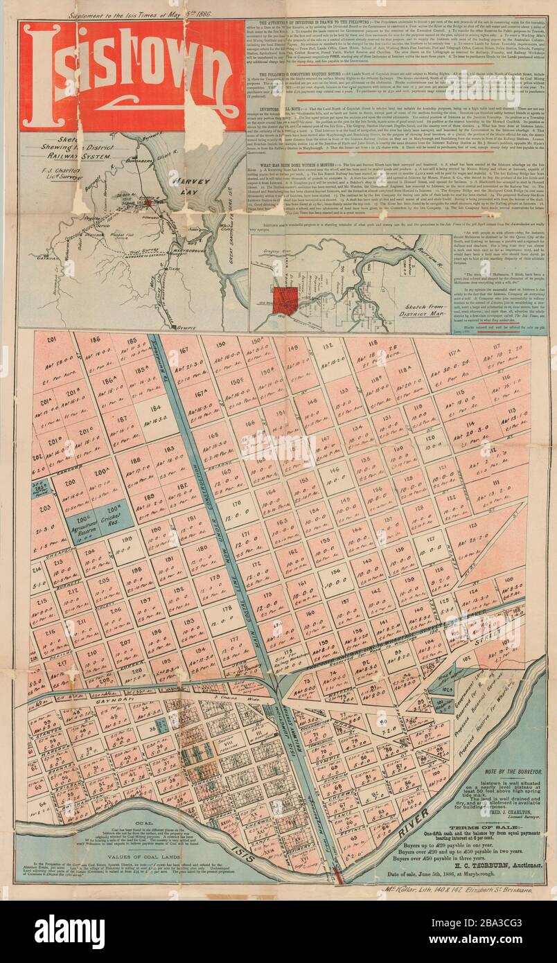 'English: Estate map for Isistown, Isis Queensland, 1886; 1886; Isistown[1], s.n. ], 1886; F. J. Charlton; ' Stock Photo