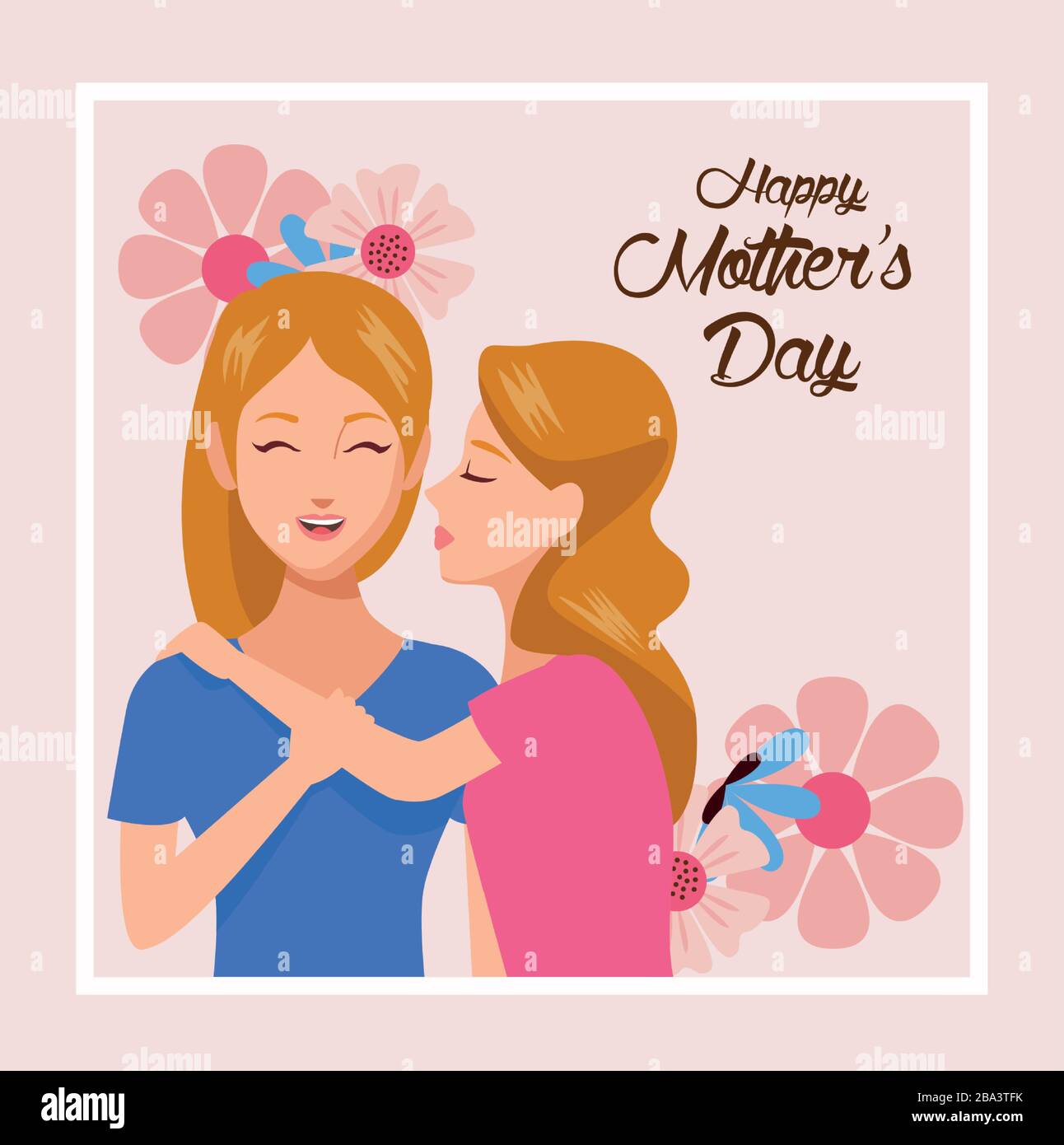 beautiful mother with daughter and floral frame mothers day card Stock