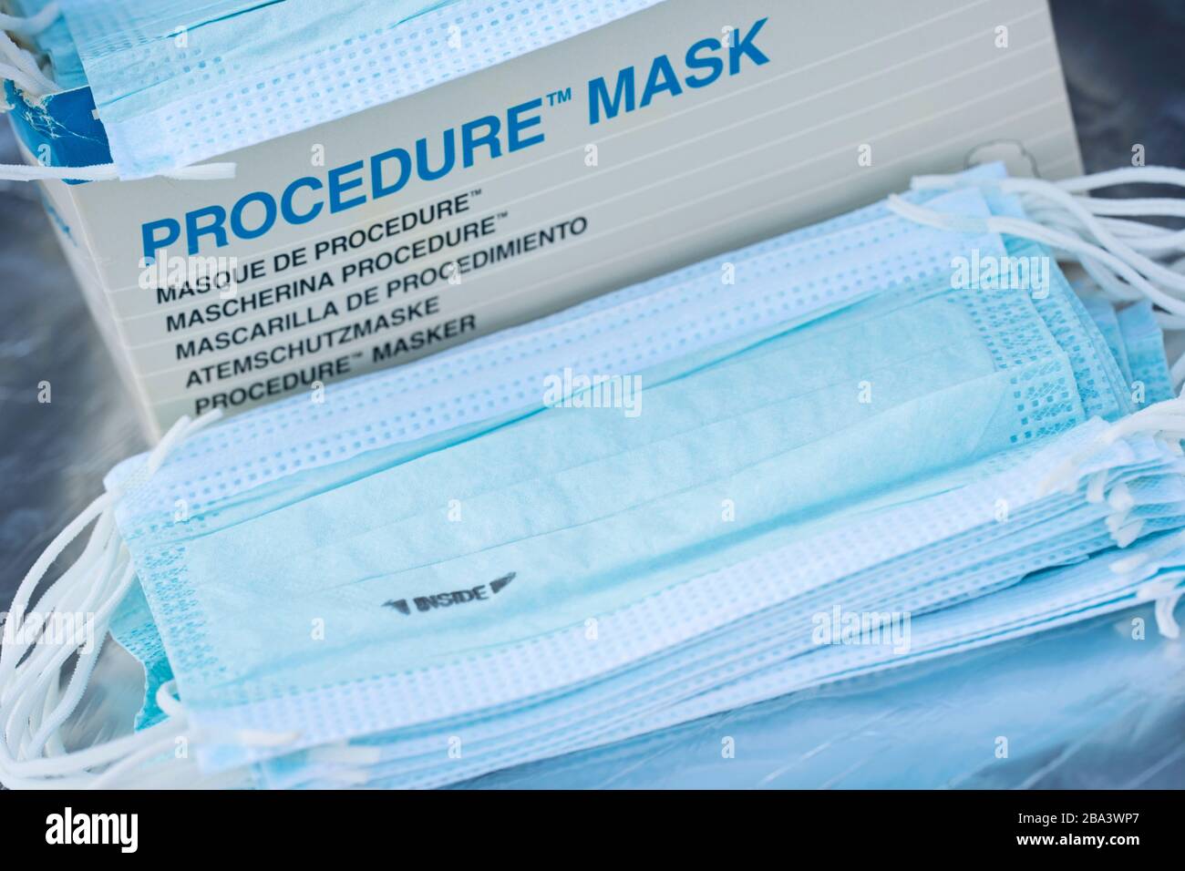 Box of Procedure Masks, Medical Face Masks to protect from COVID-19, Coronavirus infection, COVID supplies Stock Photo