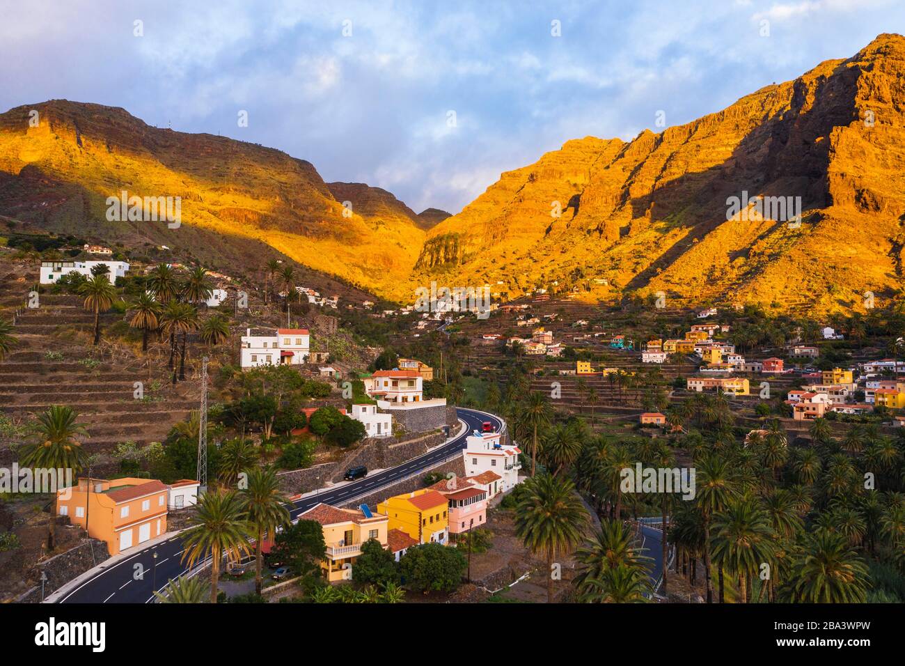 Los Granados and upper valley of Valle Gran Rey in the evening light, aerial view, La Gomera, Canary Islands, Spain Stock Photo