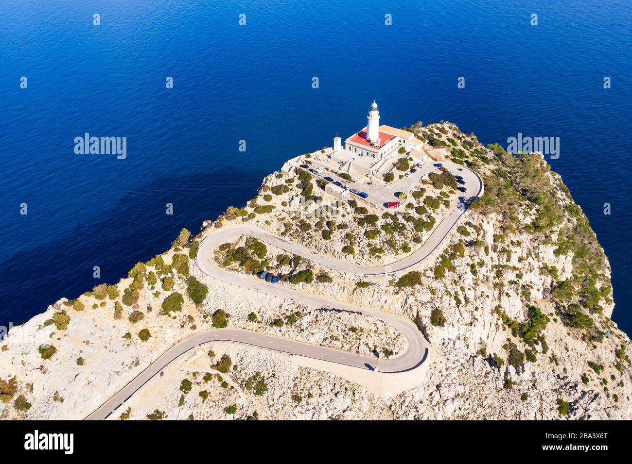 Lighthouse at Cap Formentor, Formentor peninsula, near Pollenca, drone shot, Majorca, Balearic Islands, Spain Stock Photo