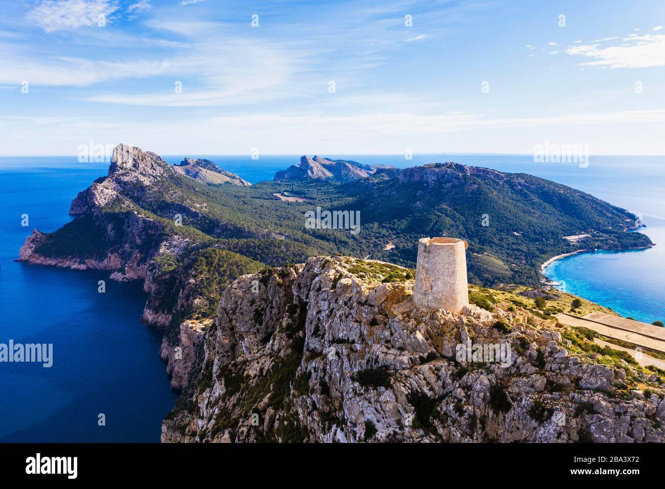 Watchtower Talaia d'Albercutx, El Pal mountain and Cap Formentor, Formentor peninsula, near Pollenca, drone recording, Majorca, Balearic Islands Stock Photo
