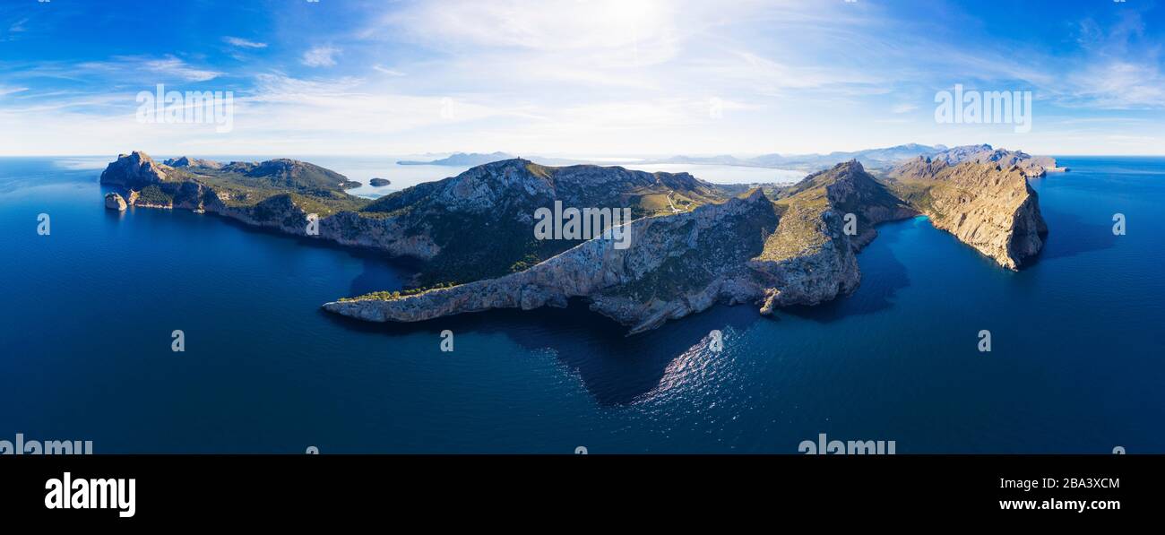 Panorama, Formentor peninsula, near Pollenca, drone picture, Majorca, Balearic Islands, Spain Stock Photo