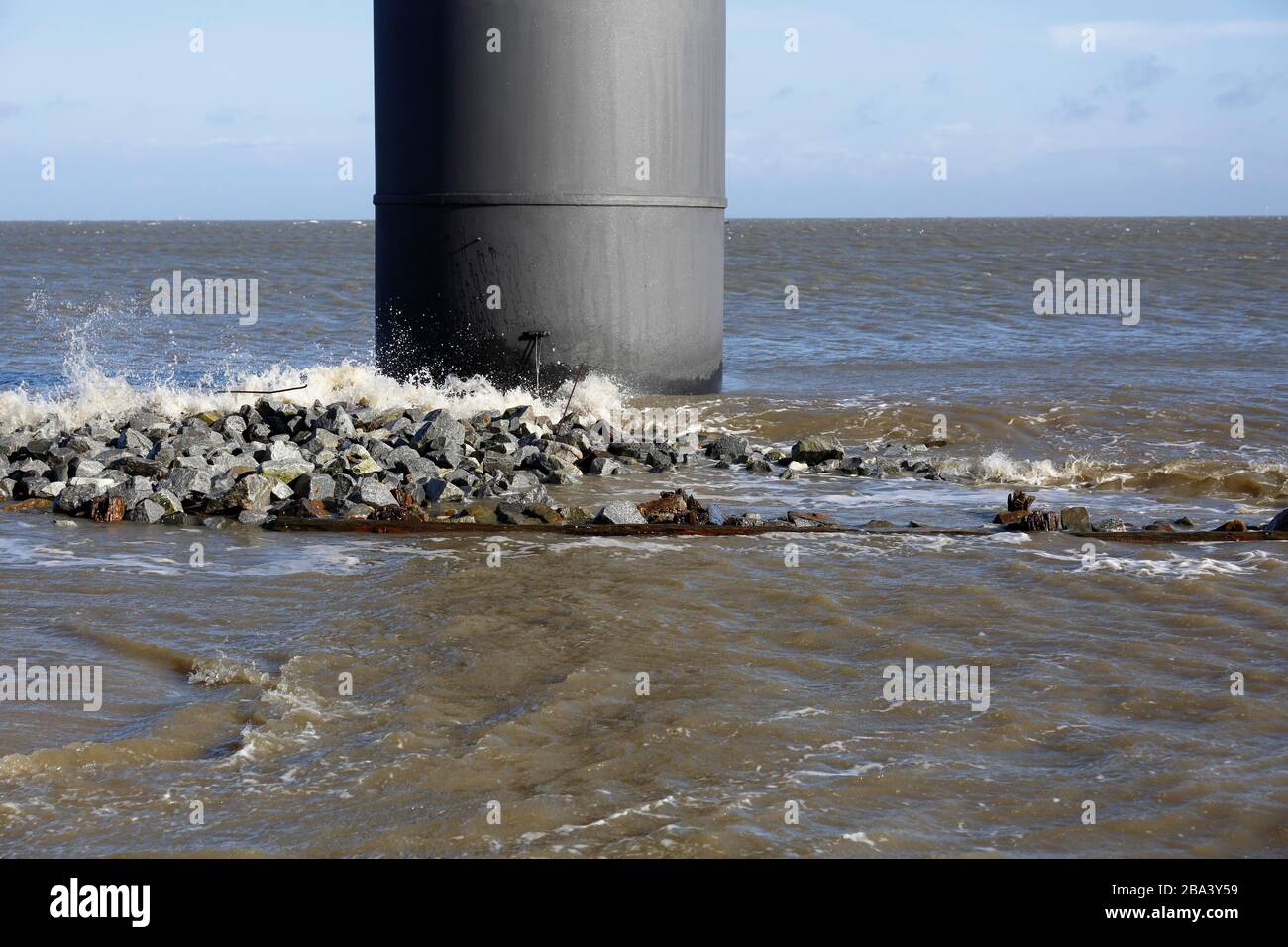 Flushed base of the radar tower at high tide on the Minsener Oog power plant, Lower Saxony Wadden Sea National Park, Lower Saxony, Germany Stock Photo