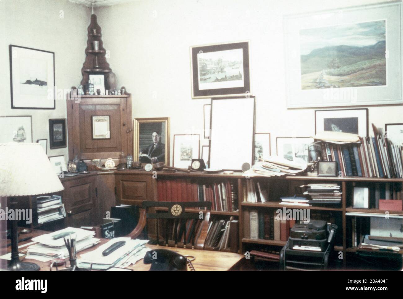 Vintage 1970s photograph, the office of David McCord at Harvard University. David Thompson Watson McCord (1897-1997) was an American poet and college fundraiser. SOURCE: ORIGINAL PHOTOGRAPH Stock Photo