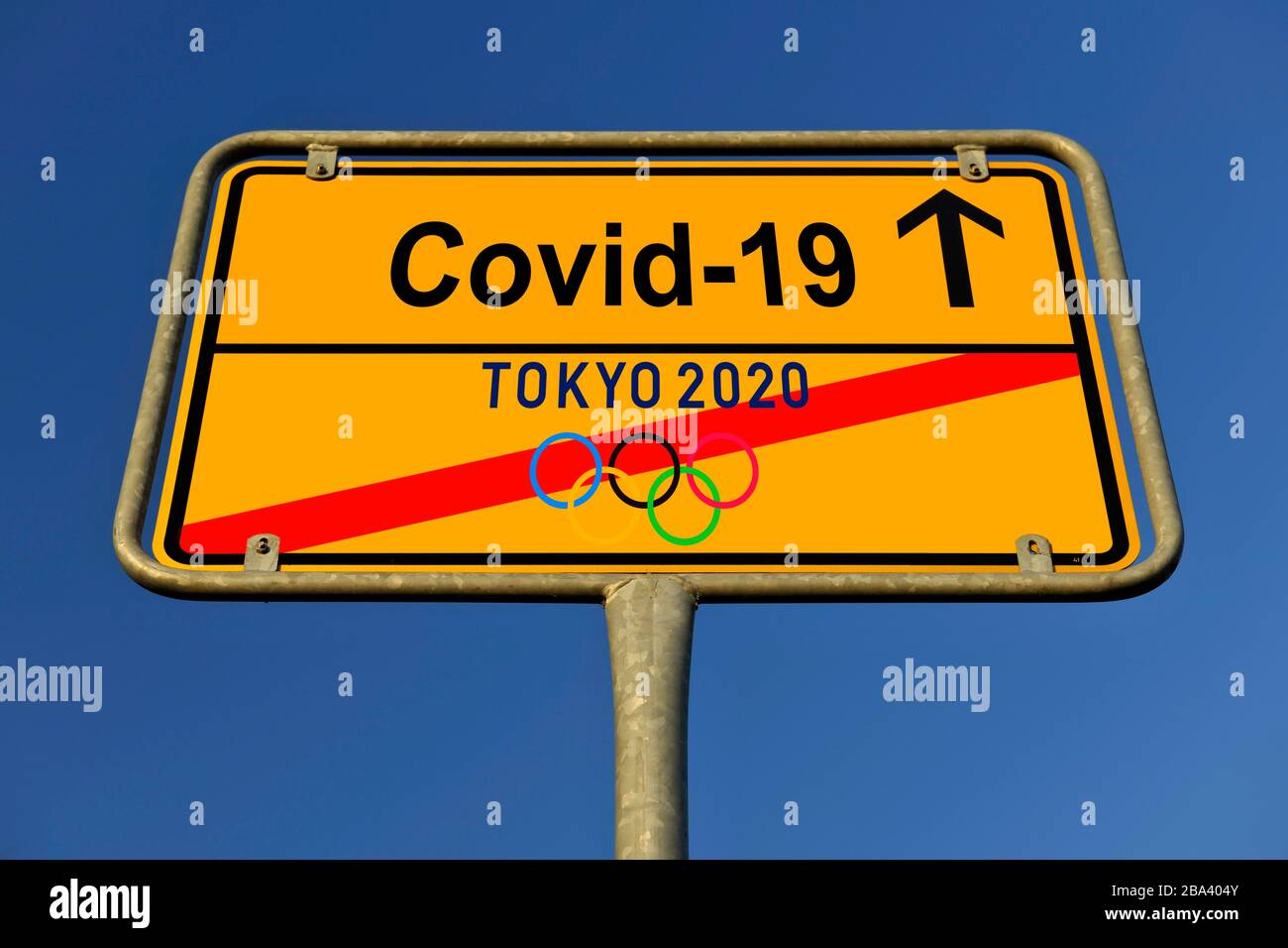 Digital composing, symbol picture, Cancellation or postponement of the 2020 Olympic Summer Games in Tokyo due to coronavirus, Sars-CoV-2, Covid-19 Stock Photo