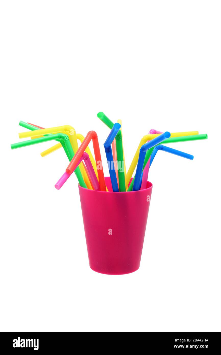 Plastic Cup and Straws on White Background Stock Photo