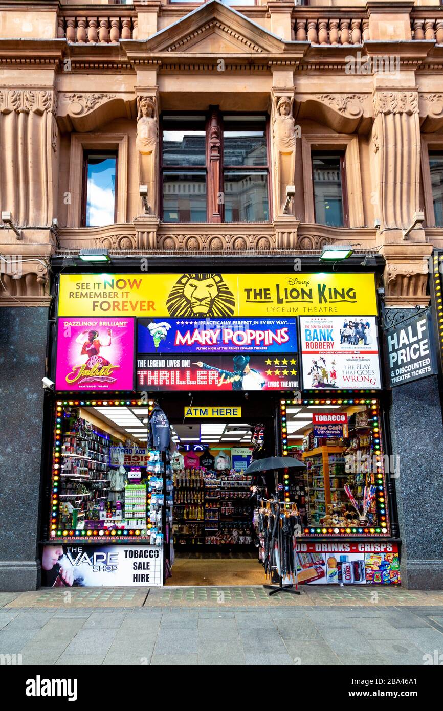 Exterior of a souvenir and West End musical theatre tickets discount shop in Leicester Square, London, UK Stock Photo