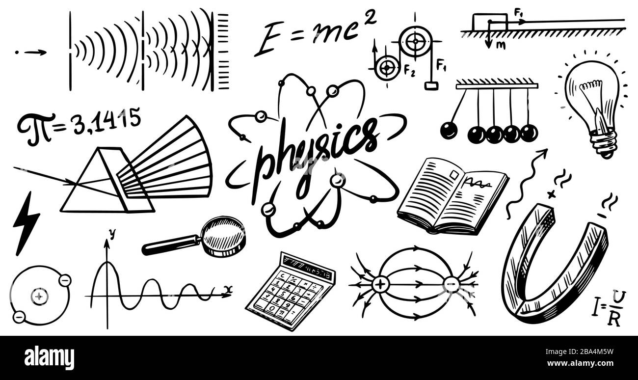 Physics or education concept. Icons and formulas set. Atomic nuclear experiments. spectrum. School test or lab. Hand drawn doodle symbols. Spectrum Stock Vector