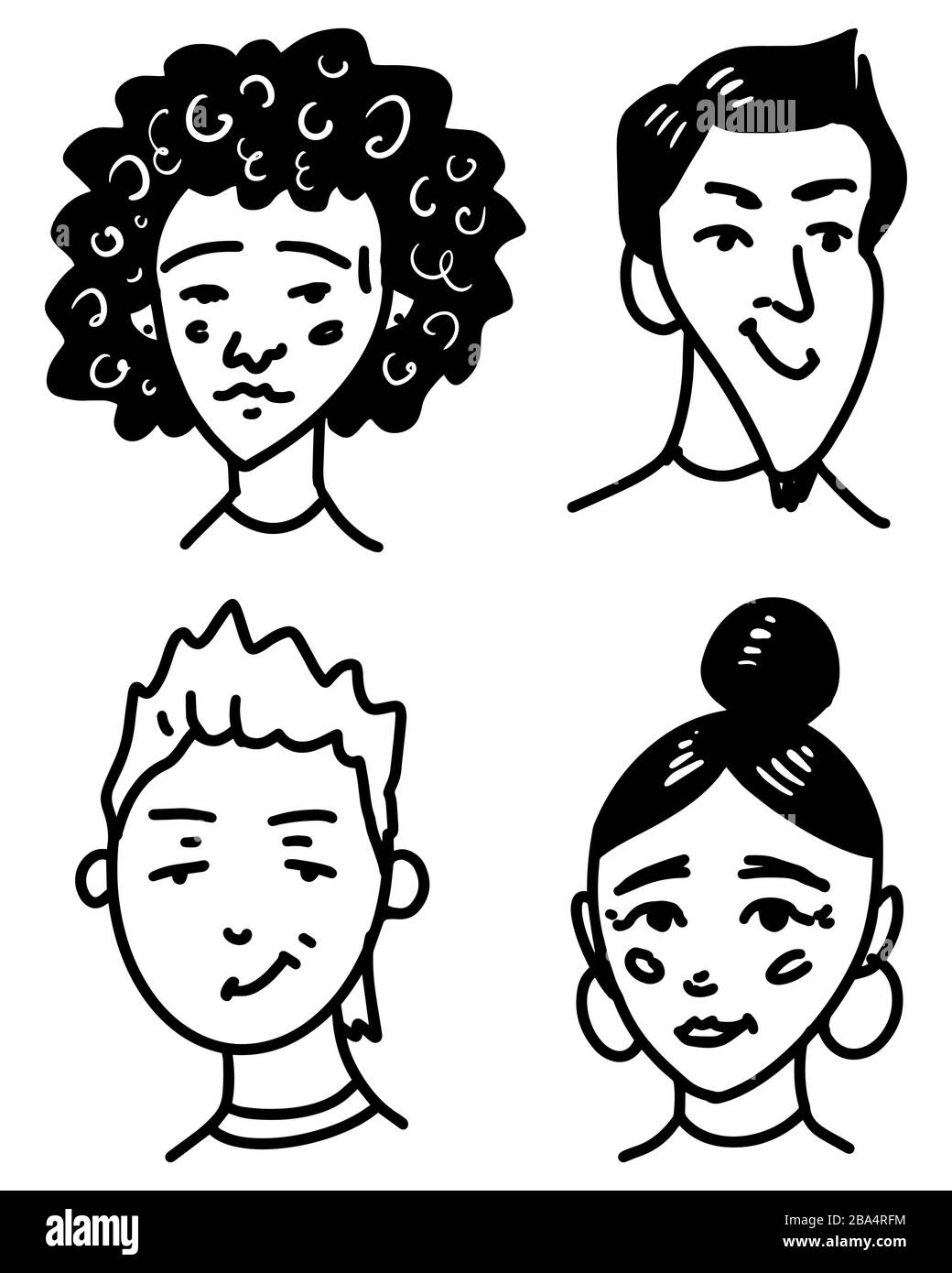 Diverse faces of people set. Human Avatars Collection. Happy emotions. Portrait with a positive facial expression. Men and women and girls. Hand drawn Stock Vector