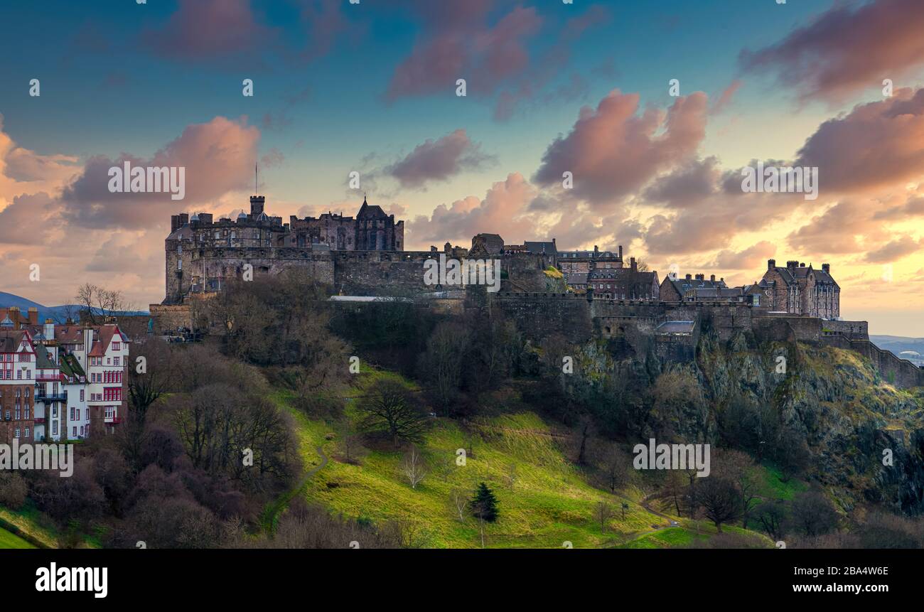 Edinburgh Castle daytime with blue sky and clouds Stock Photo