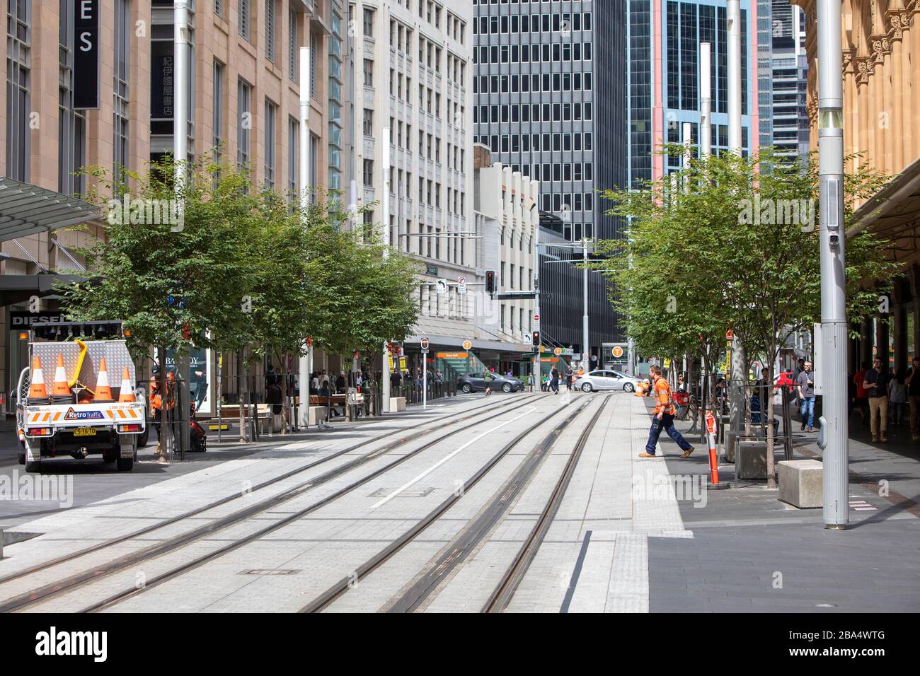 Coronavirus impact on Sydney city centre as george street in the central business district is almost deserted on a workday lunchtime,Sydney,Australia Stock Photo