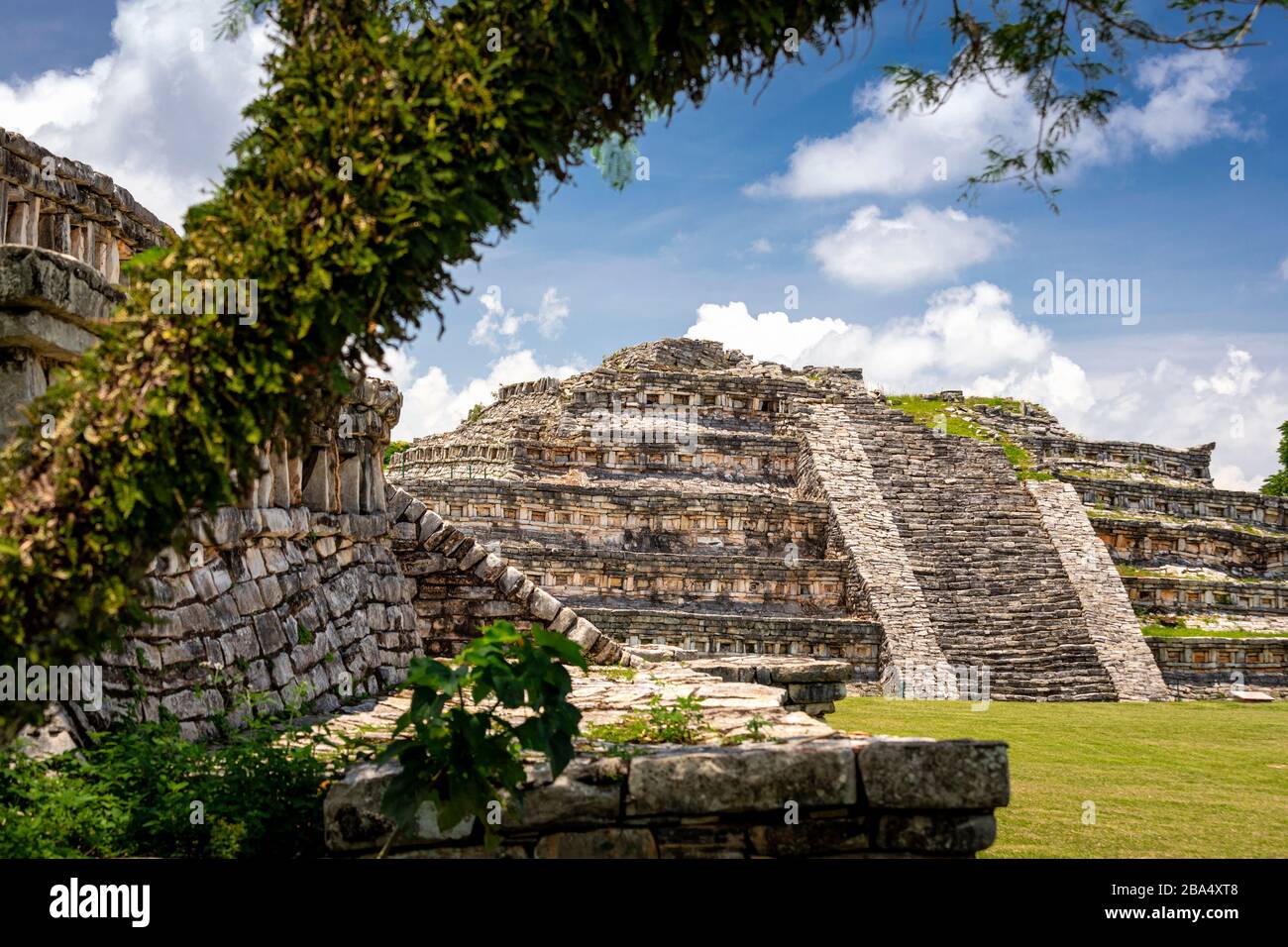 Main pyramid at the Yohualichan Ruins in northern Puebla, Mexico. Stock Photo