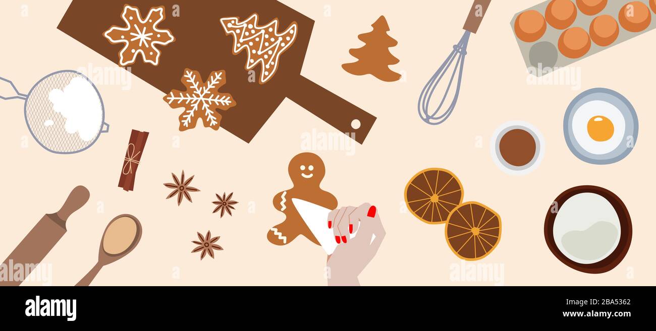 Gingerbread Process Art Process of cooking and icing gingerbread vector flat illustration Stock ...