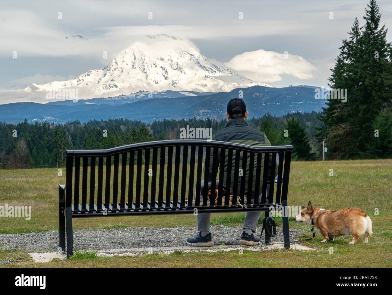 Watching the clouds unfold on Mount Rainier Stock Photo