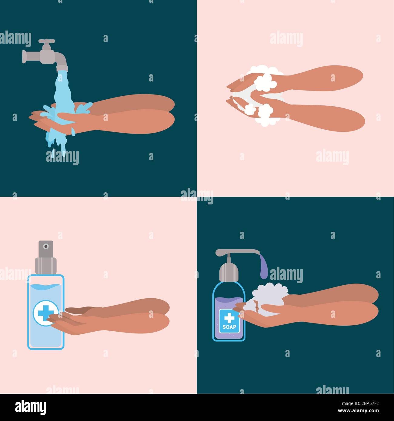 Hands washing soap dispenser and alcohol spray bottle vector design ...