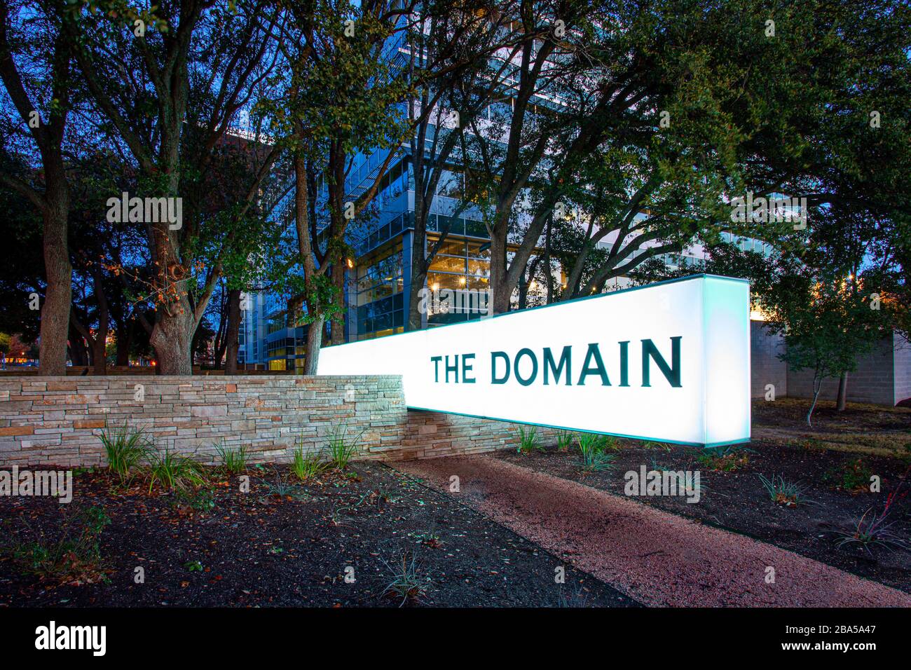 An illuminated sign at The Domain in Austin, Texas sits outside an