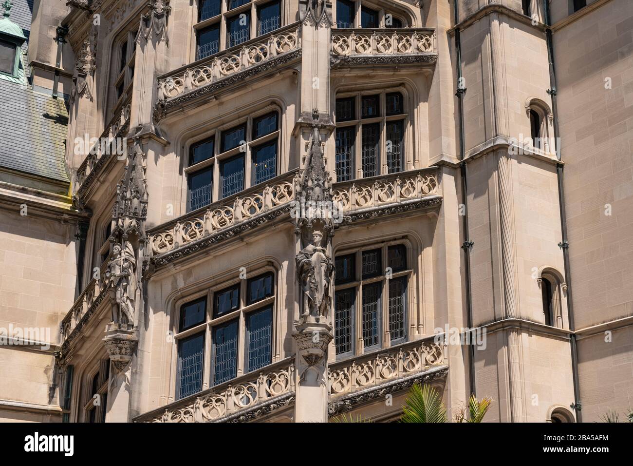 Asheville, North Carolina - July 24, 2019 - Sculptural and architectural details on the façade of the Biltmore Estate. Stock Photo