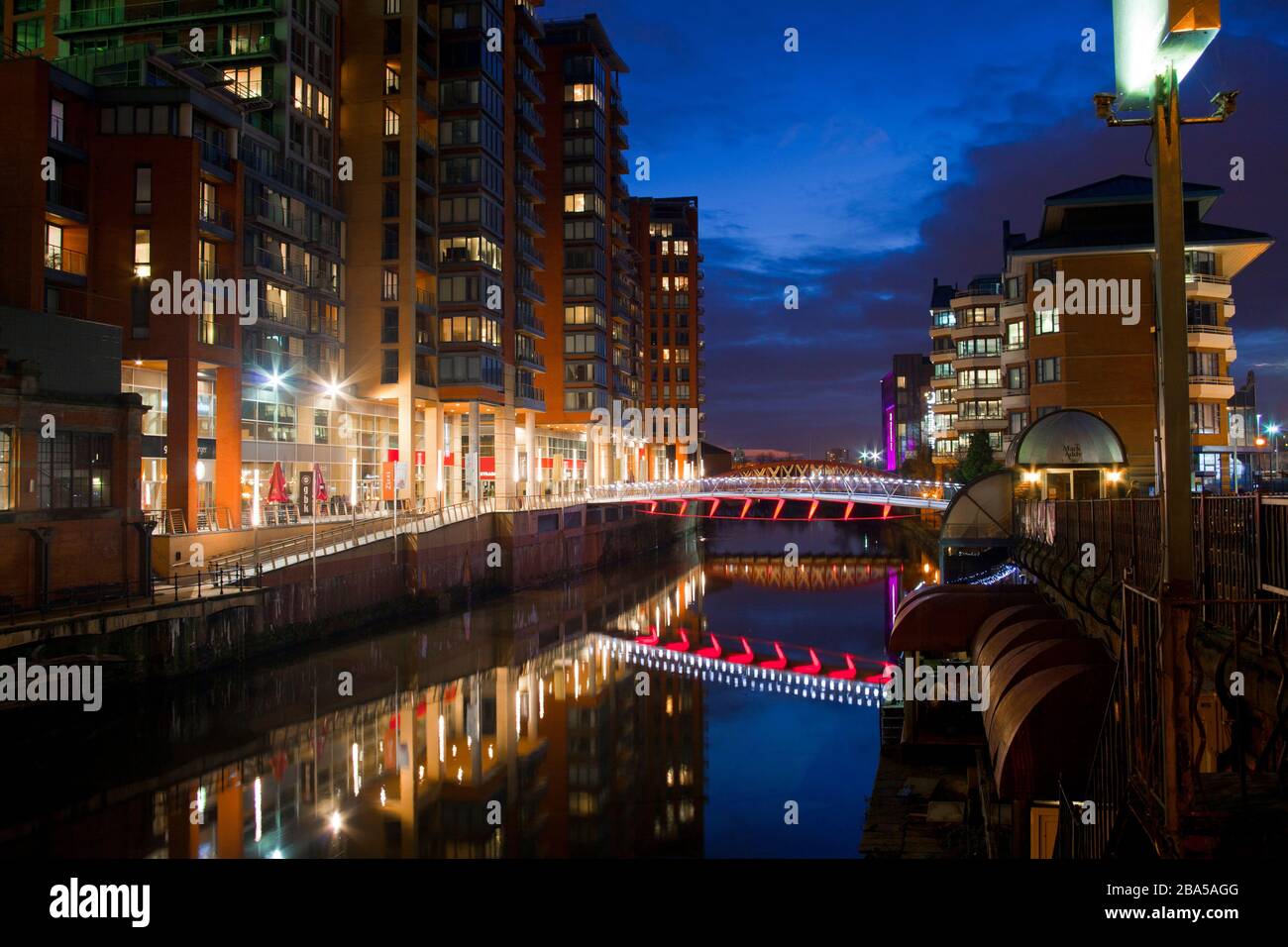 Architectural bridges and piers. Modern, gentrification, River Irwell, Manchester, new builds, river front Stock Photo