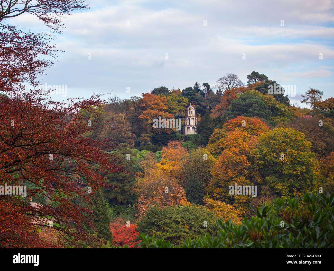 Towers at Alton Towers resort during autumn. Victorian folly. Gardens