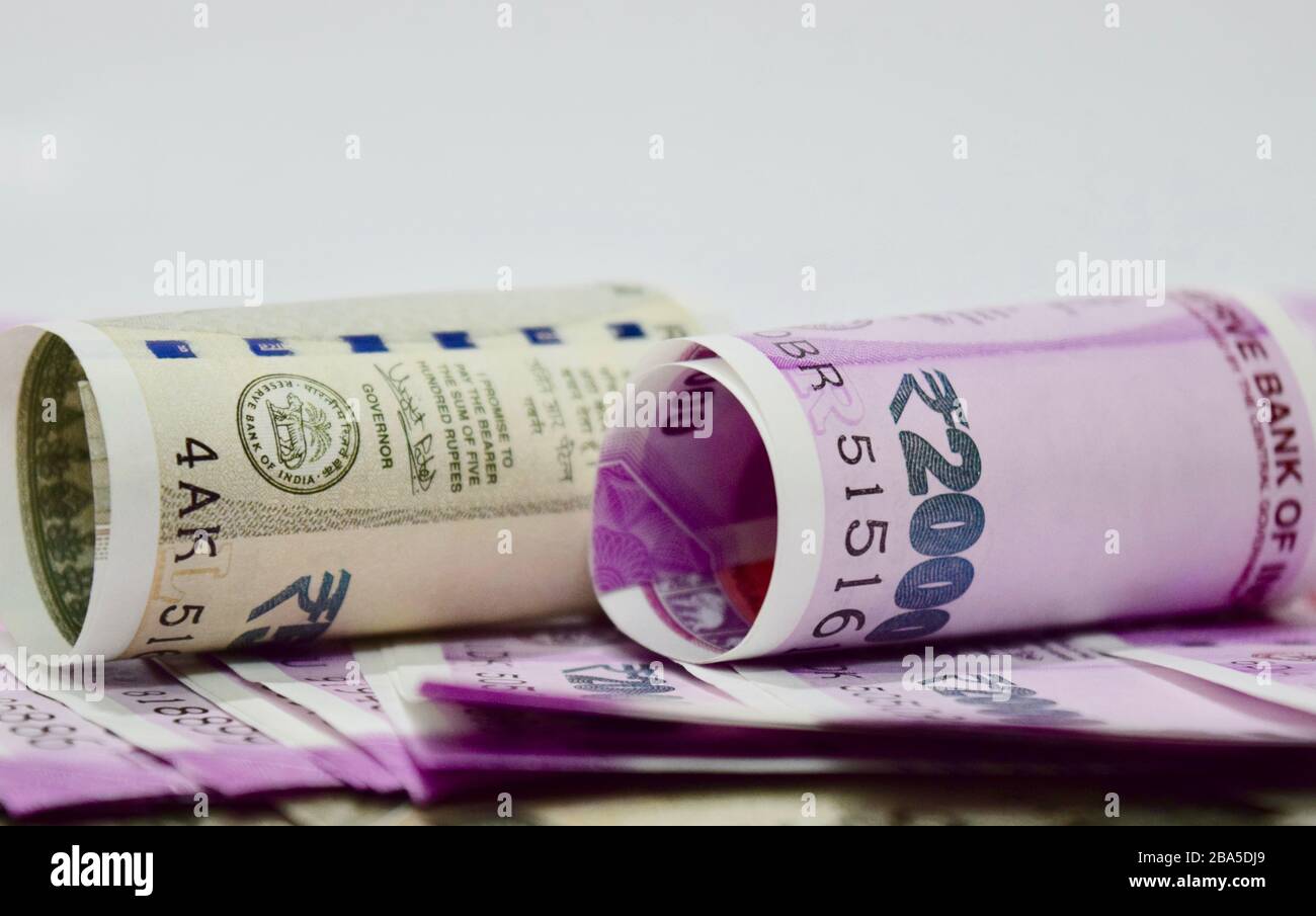 View of rolled new paper currency of india Stock Photo
