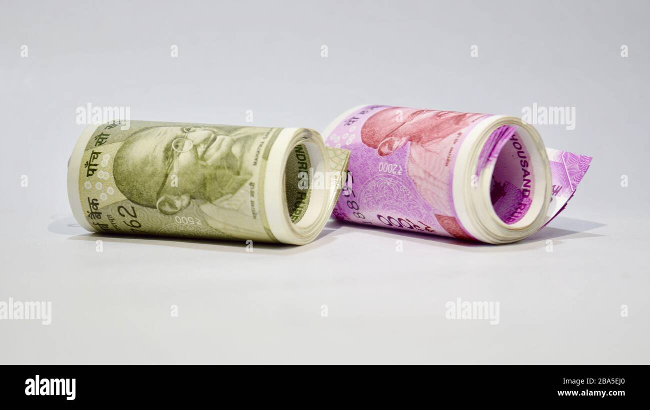 View of rolled Indian paper currency Stock Photo