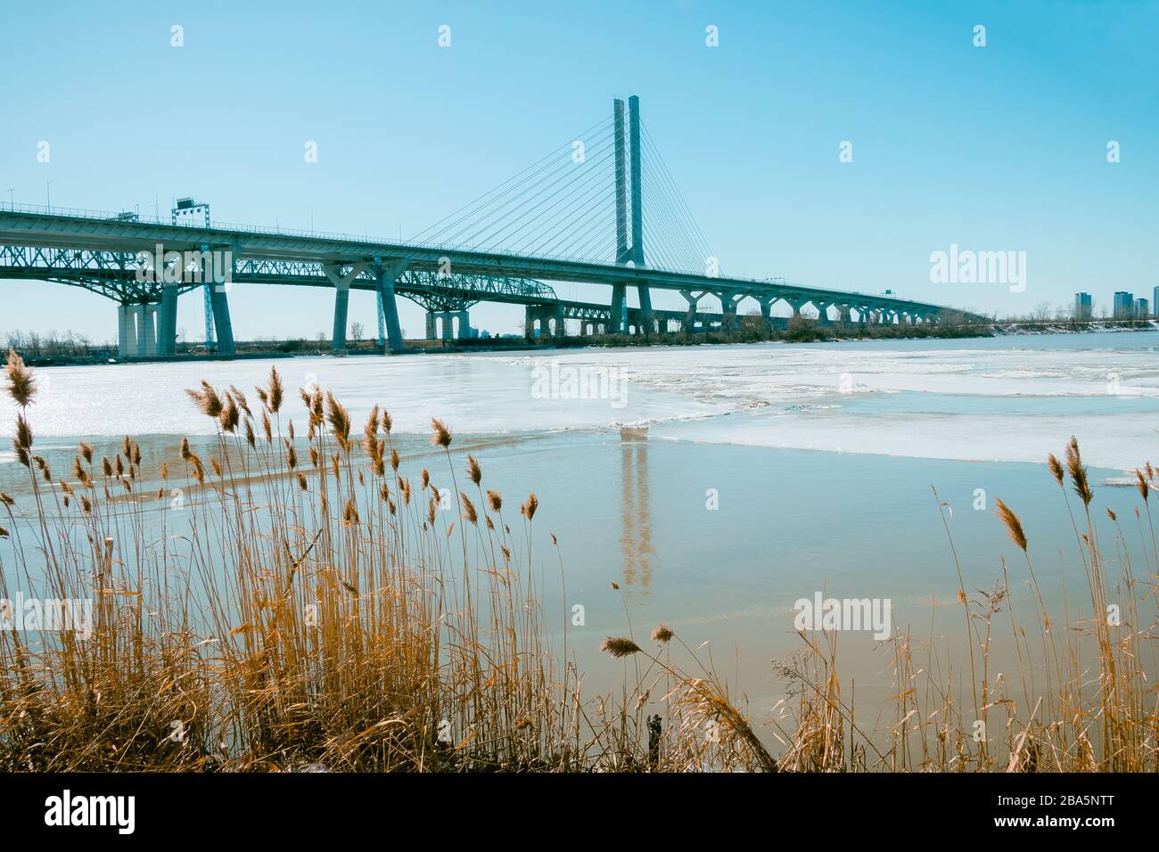 Montreal, Quebec, Canada, March 2020 -  View of the new Bridge Samuel de Champlain and Saint Laurent River Stock Photo