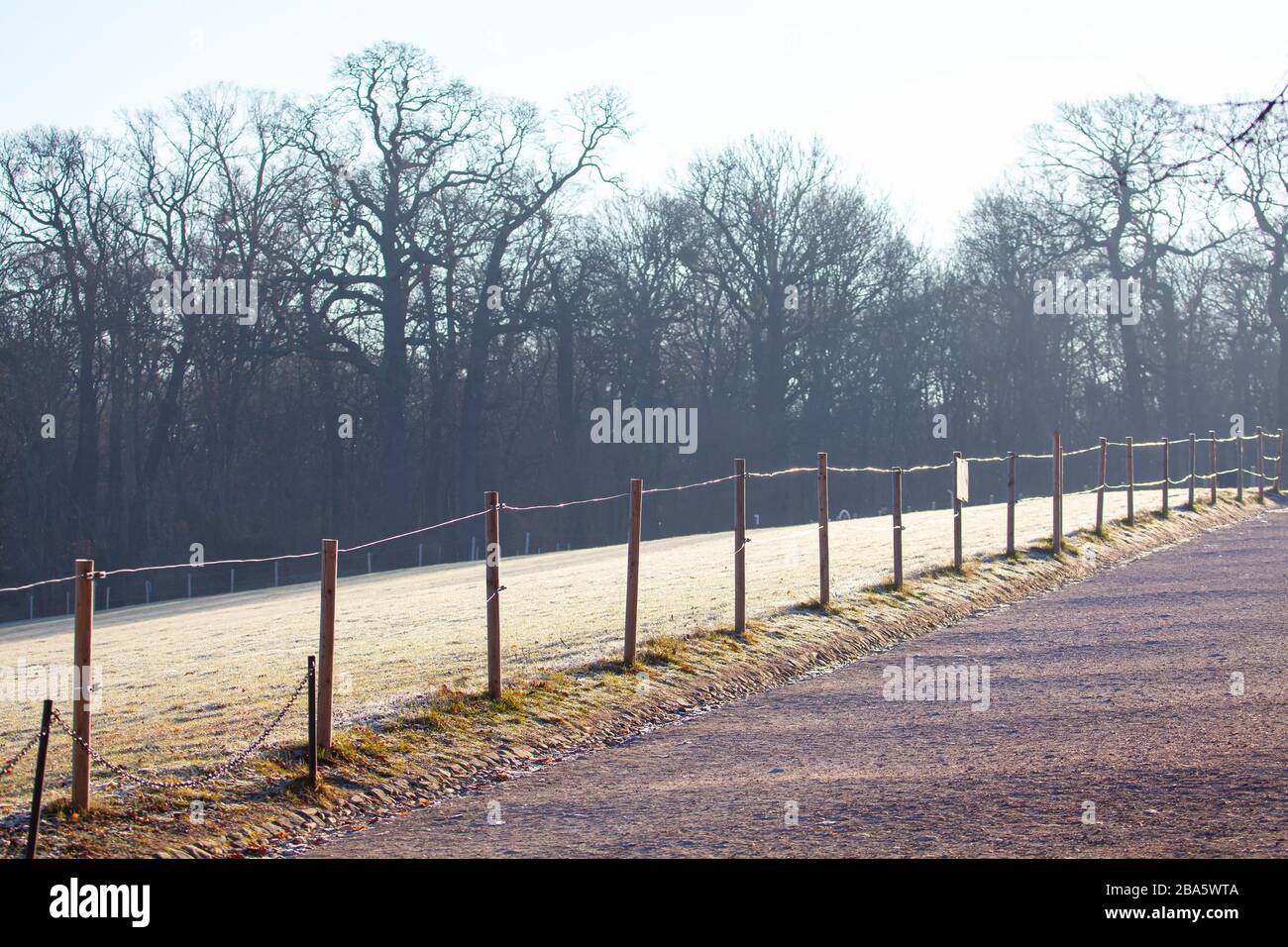 fence in the winter park , grass covered with rime Stock Photo